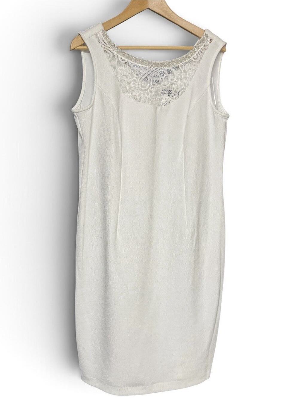 NWT Brianna Milay 2-Piece Lace Jacket Sheath Dress Set White Pearl Neck 14